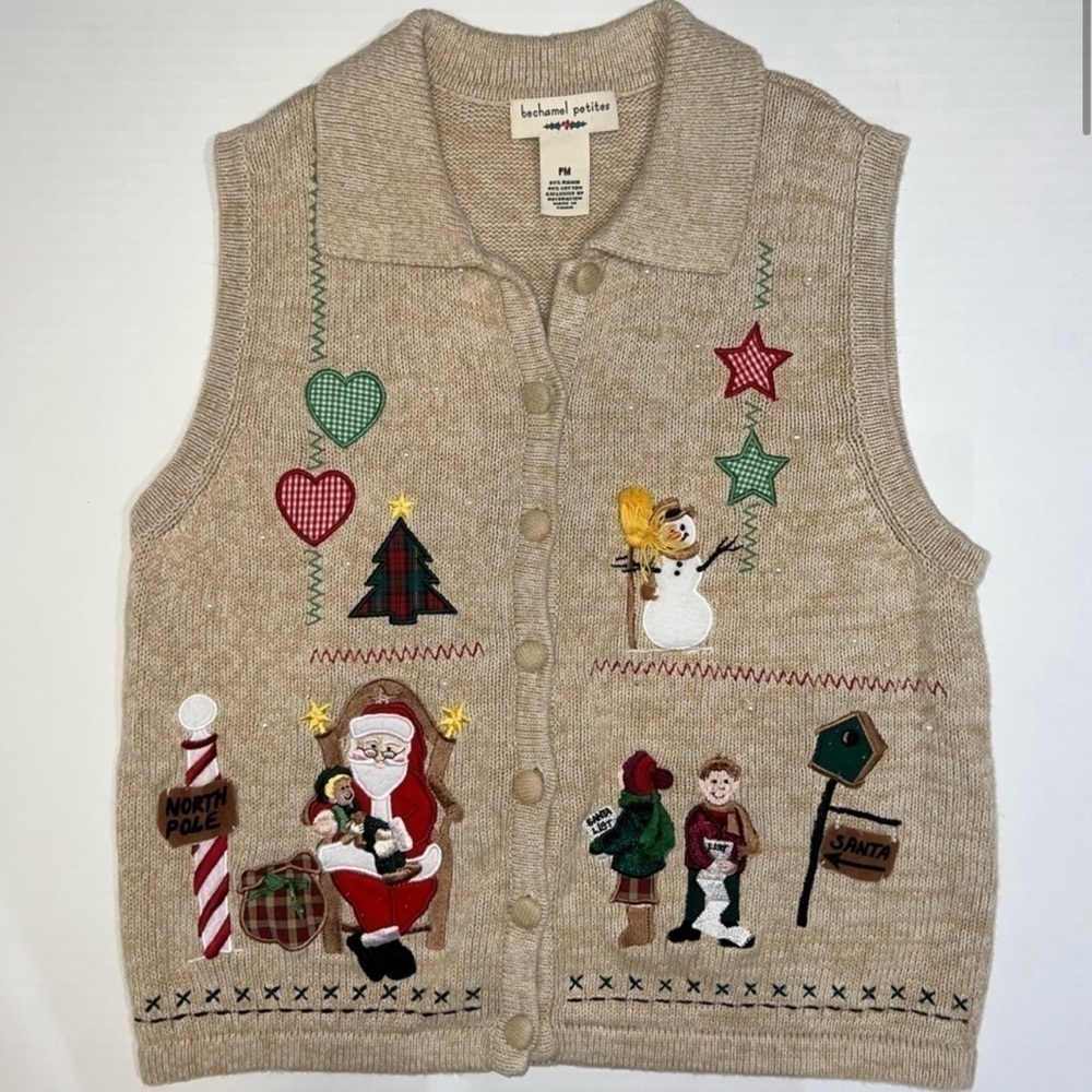 Bechamel Petites Christmas Vest. Tan. Petite medium.